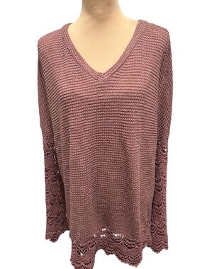 Andthewhy Dusty Rose Waffle Knit Bell Sleeve Crocheted V-Neck Sweater Sz Medium.
